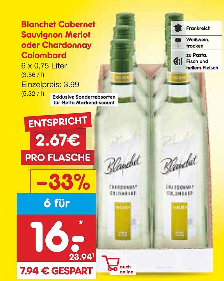 Blanchet Cabernet Sauvignon Merlot oder Chardonnay Colombard 6 x 0,75 Liter