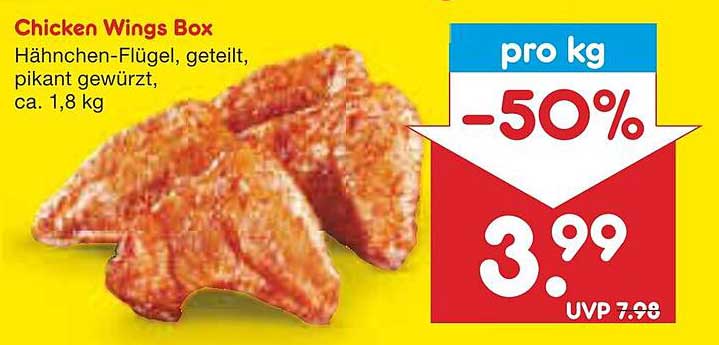 Chicken Wings Box - Hähnchen-Flügel, geteilt, pikant gewürzt, ca. 1,8 kg