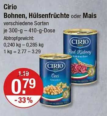 Cirio Bohnen, Hülsenfrüchte oder Mais – verschiedene Sorten je 300-g – 410-g-Dose
