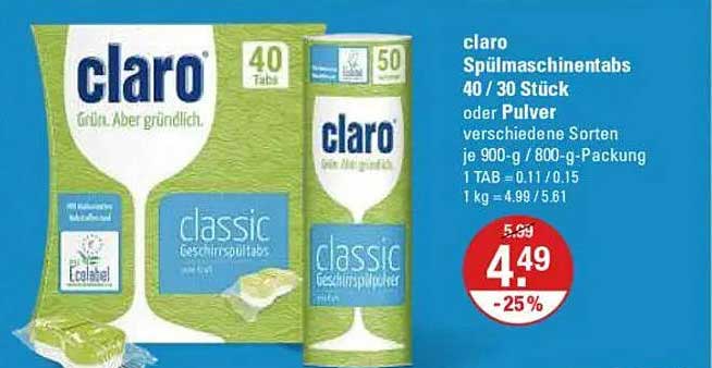 claro Spülmaschinentabs 40 Stück oder Pulver 900 g