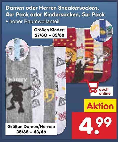 Damen oder Herren Sneakersocken, 4er Pack oder Kindersocken, 5er Pack