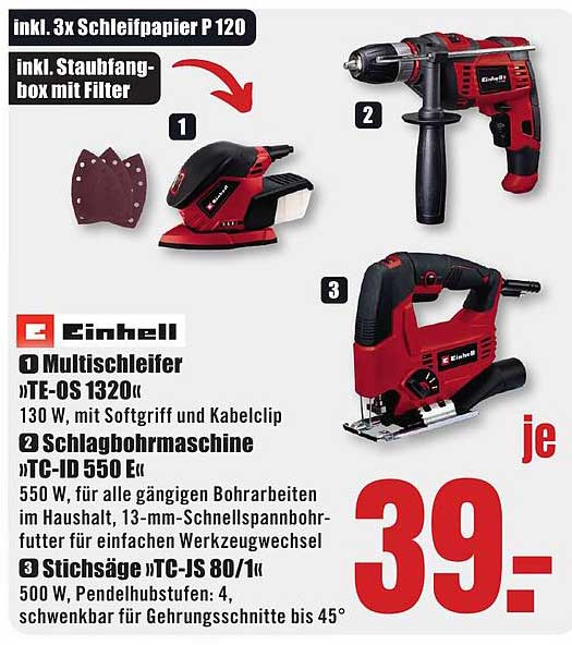 Einhell Werkzeugset: Multischleifer, Schlagbohrmaschine und Stichsäge für nur 39 €