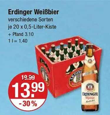 Erdinger Weißbier 20 x 0,5-Liter-Kiste - 30 % Rabatt