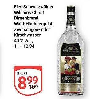 Fies Schwarzwälder Williams Christ Birnenbrand, Wald-Himbeergeist, Zwetschgen- oder Kirschwasser 0,7l