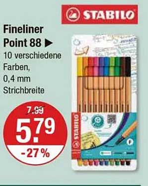 Fineliner Point 88 von STABILO – 10 verschiedene Farben, 0,4 mm Strichbreite