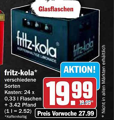 fritz-kola* verschiedene Sorten Kasten 24 x 0,33 Flaschen + 3,42 Pfand (1 l = 2,52)