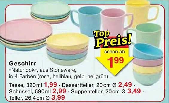 Geschirr »Naturlook« aus Stoneware in 4 Farben (rosa, hellblau, gelb, hellgrün)