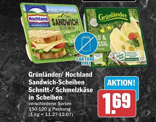 Grünländer/ Hochland Sandwich-Scheiben Schnitt-/ Schmelzkäse in Scheiben 150-120 g Packung