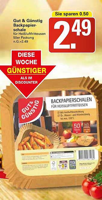 Gut & Günstig Backpapierschalen für Heißluftfritteusen 50er Packung