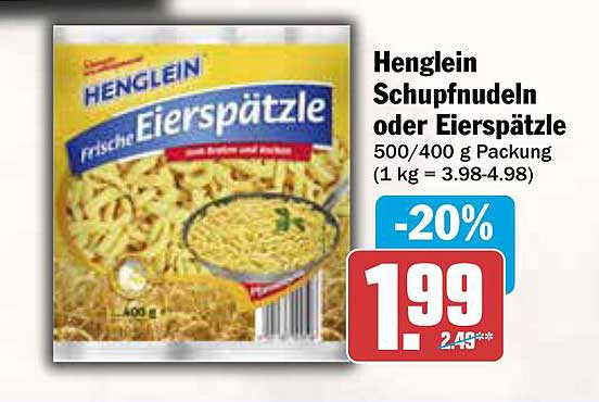 Henglein Schupfnudeln oder Eierspätzle 500/400 g Packung