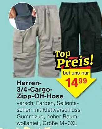 Herren 3/4 Cargo Zipp-Off Hose
