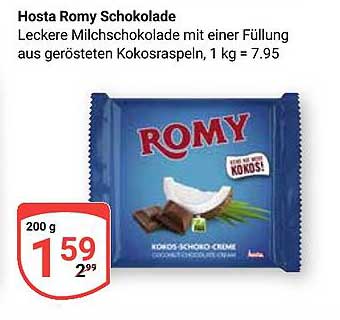 Hosta Romy Schokolade mit einer Füllung aus gerösteten Kokosraspeln, 200 g