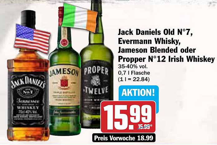 Jack Daniels Old N°7, Evermann Whisky, Jameson Blended oder Proper N°12 Irish Whiskey