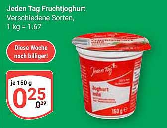 Jeden Tag Fruchtjoghurt - verschiedene Sorten, 150 g für 0,25 €