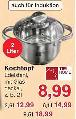 Kochtopf Edelstahl, mit Glasdeckel, z. B. 2 l