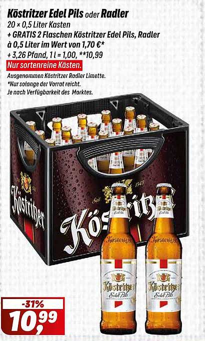 Köstritzer Edel Pils oder Radler - 20 × 0,5 Liter Kasten + GRATIS 2 Flaschen