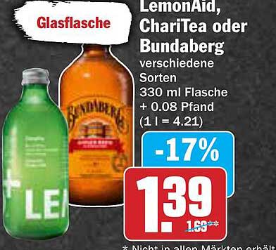 LemonAid, ChariTea oder Bundaberg 330 ml Glasflasche