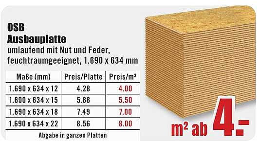 OSB Ausbauplatte umlaufend mit Nut und Feder, feuchtraumgeeignet, 1.690 x 634 mm