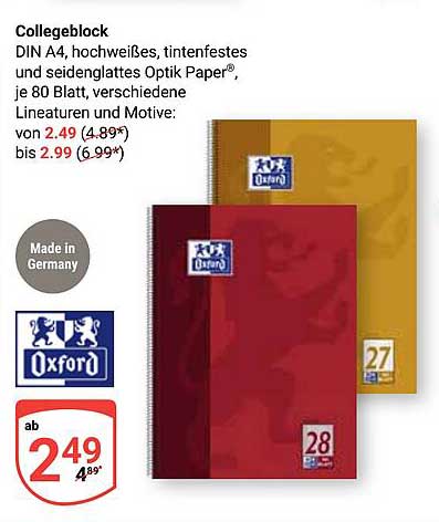 Oxford Collegeblock DIN A4 - Hochweißes, Tintenfestes Papier