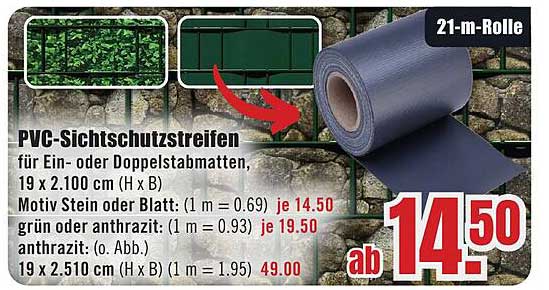 PVC-Sichtschutzstreifen für Ein- oder Doppelstabmatten, 19 x 2,100 cm (H x B)