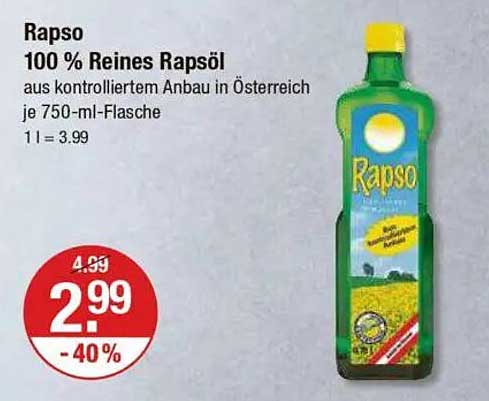 Rapso 100 % Reines Rapsöl aus kontrolliertem Anbau in Österreich 750-ml-Flasche
