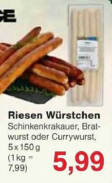 Riesen Würstchen - Schinkenkrakauer, Bratwurst oder Currywurst, 5x150 g