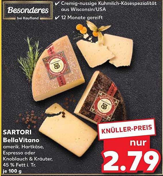 SARTORI BellaVitano Hartkäse, 45 % Fett i. Tr., je 100 g