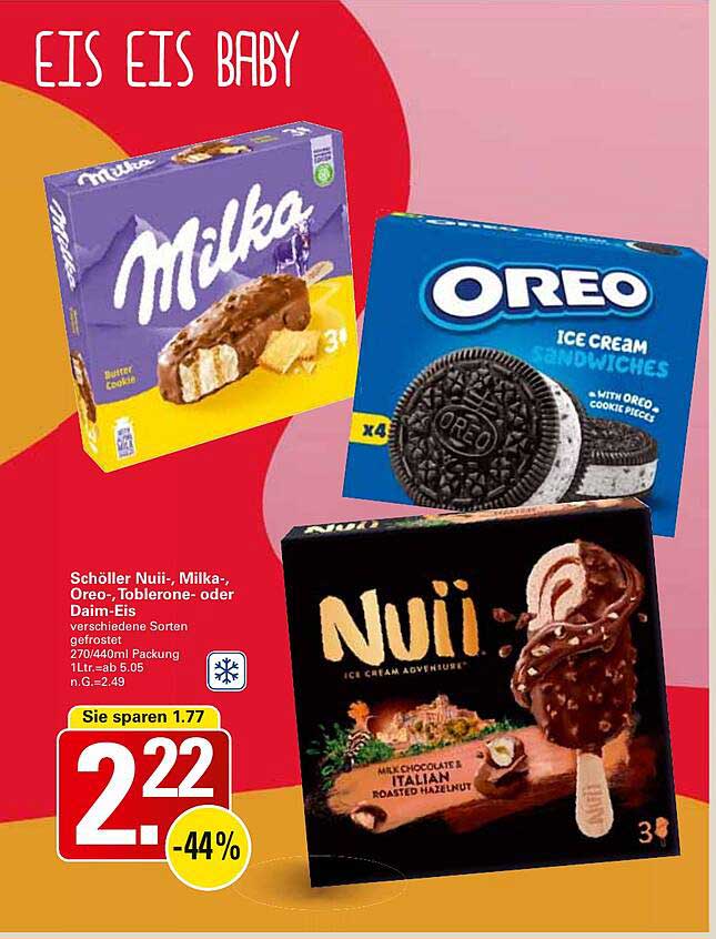 Schöller Nuii-, Milka-, Oreo-, Toblerone- oder Daim-Eis – verschiedene Sorten gefroren