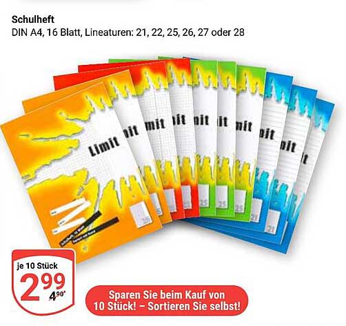 Schulheft DIN A4, 16 Blatt, verschiedene Lineaturen