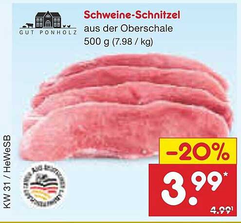 Schweine-Schnitzel aus der Oberschale 500 g (7,98 € / kg)