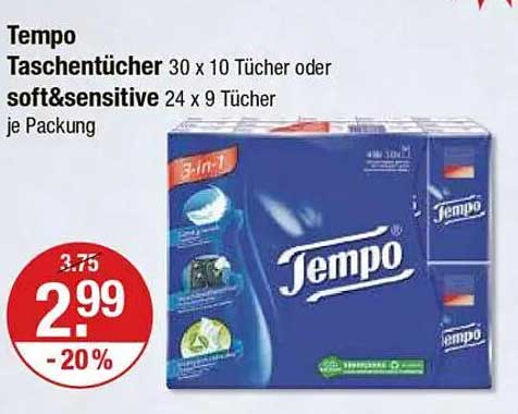 Tempo Taschentücher 30 x 10 Stück oder soft & sensitive 24 x 9 Stück je Packung