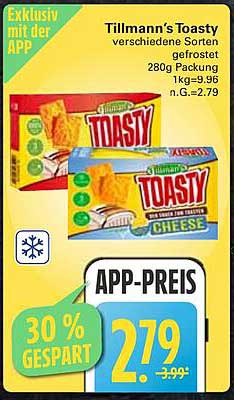 Tillmann's Toasty - verschiedene Sorten gefrostet 280g Packung für nur 2,79€