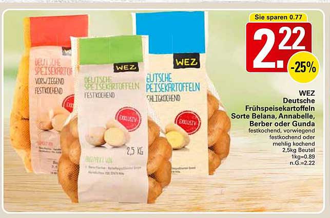 WEZ Deutsche Frühkartoffeln Sorte Belana, Annabelle, Berber oder Gunda 2,5 kg