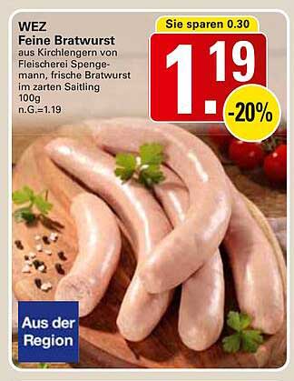 WEZ Feine Bratwurst aus Kirchengern von Fleischerei Spengemann, frische Bratwurst im zarten Saitling 100g