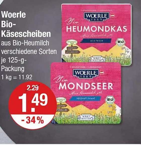 Woerle Bio-Käsescheiben aus Bio-Heumilch, verschiedene Sorten je 125-g-Packung