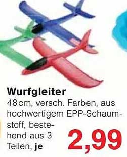 Wurfgleiter 48 cm, verschiedene Farben, aus hochwertigem EPP-Schaumstoff, bestehend aus 3 Teilen