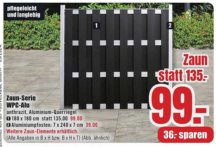 Zaun-Serie WPC-Alu anthrazit, Aluminium-Querriegel 180 x 180 cm