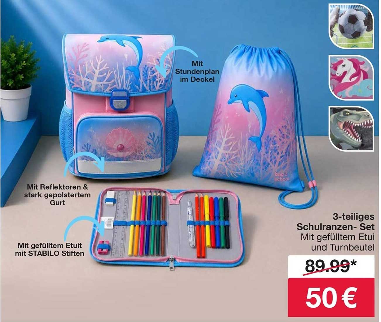 3-teiliges Schulranzen-Set Mit gefülltem Etui und Turnbeutel