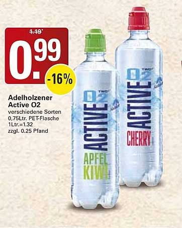 Adelholzener Active O2 verschiedene Sorten, 0,75Ltr. PET-Flasche, 1Ltr.=1,32 zzgl. 0,25 Pfand