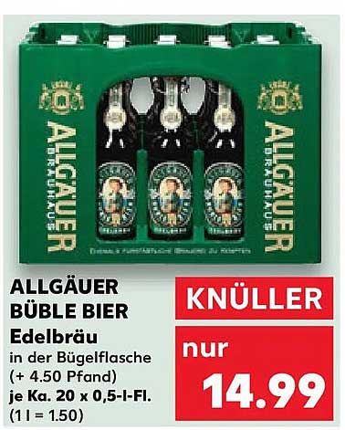 ALLGÄUER BÜBLE BIER Edelbräu in der Bügelflasche (+ 4.50 Pfand) je K. 20 x 0,5-l-Fl. (1 l = 1.50)