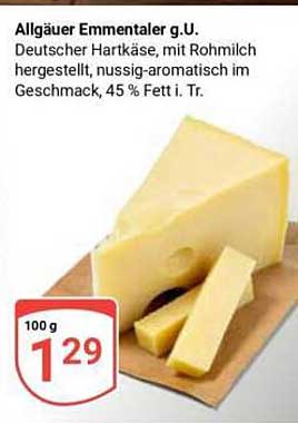 Allgäuer Emmentaler g.U. Deutscher Hartkäse, mit Rohmilch hergestellt, nussig-aromatisch im Geschmack, 45 % Fett i. Tr.