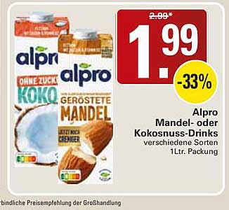 Alpro Mandel- oder Kokosnuss-Drinks verschiedene Sorten 1Ltr. Packung