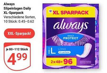 Always Slipeinlagen Daily XL-Sparpack Verschiedene Sorten, 10 Stück: 0,45–0,62