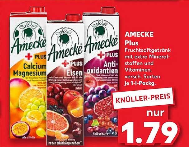 AMECKE Plus Fruchtsaftgetränk mit extra Mineralstoffen und Vitaminen, versch. Sorten je 1-l-Pack.