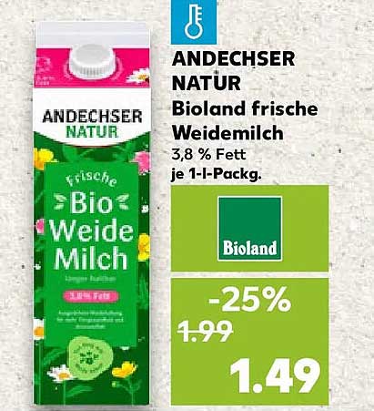 ANDECHSER NATUR Bioland frische Weidemilch 3,8 % Fett je 1-L-Packg.