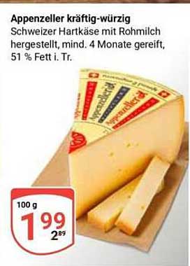Appenzeller kräftig-würzig Schweizer Hartkäse mit Rohmilch hergestellt, mind. 4 Monate gereift, 51 % Fett i. Tr.
