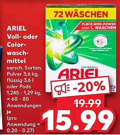 ARIEL Voll- oder Color-wasch-mittel versch. Sorten, Pulver 3,6 kg, flüssig 3,6 l oder Pods 1,245 - 1,29 kg, = 60 - 80 Anwendungen je (pro Anwendung = 0.20 - 0.27)