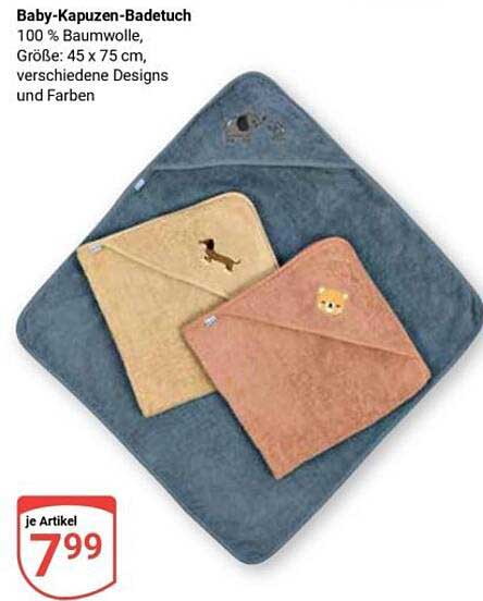 Baby-Kapuzen-Badetuch 100 % Baumwolle, Größe: 45 x 75 cm, verschiedene Designs und Farben