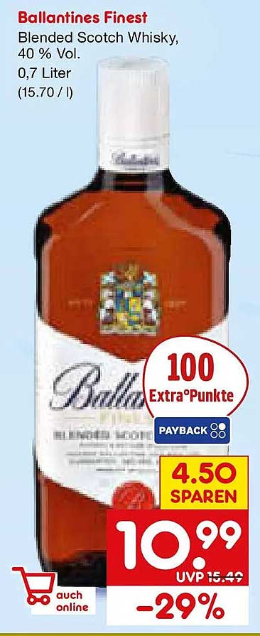 Ballantines Finest Blended Scotch Whisky, 40 % Vol. 0,7 Liter