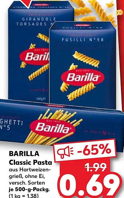 BARILLA Classic Pasta aus Hartweizengrieß, ohne Ei, versch. Sorten je 500-g-Packg. (1 kg = 1,38)